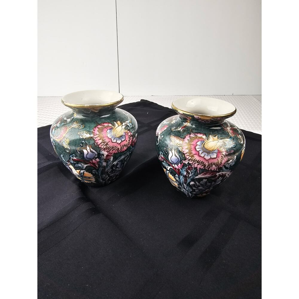 Vintage‎ Chinese Floral Porcelain Bud Vases Set of 2 Teal Gold Chinoiserie Decor